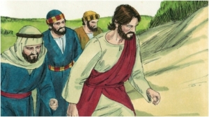 Peter, James and John with Jesus climb the mountain